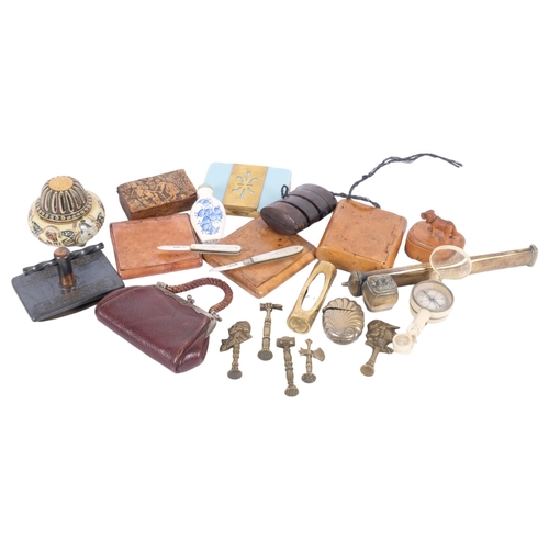 181 - A box of various items, including treen cigarette boxes, a brass scribes' travelling inkwell, plated... 