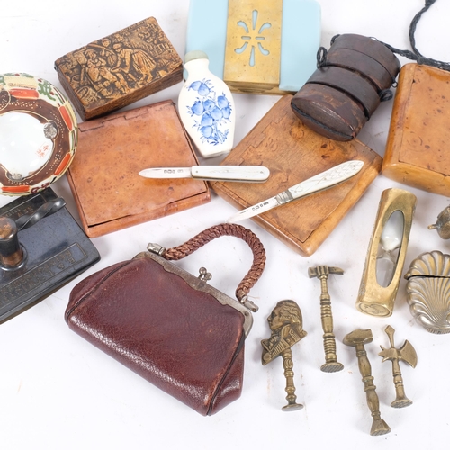 181 - A box of various items, including treen cigarette boxes, a brass scribes' travelling inkwell, plated... 