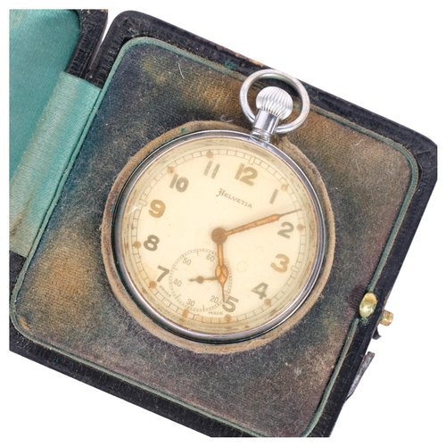 198 - A silver-fronted travelling pocket watch case, early 20th century, together with a Helvetia chrome-c... 