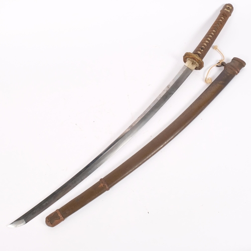 20 - A Japanese Shin Gunto Katana, and scabbard, having a 66cm plain chamfered steel blade, prunus decora... 