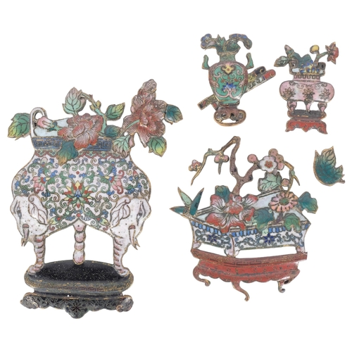 207 - A Chinese polychrome enamel study of 2 elephants, on a lotus stand, H15cm, and 3 other similar panel... 