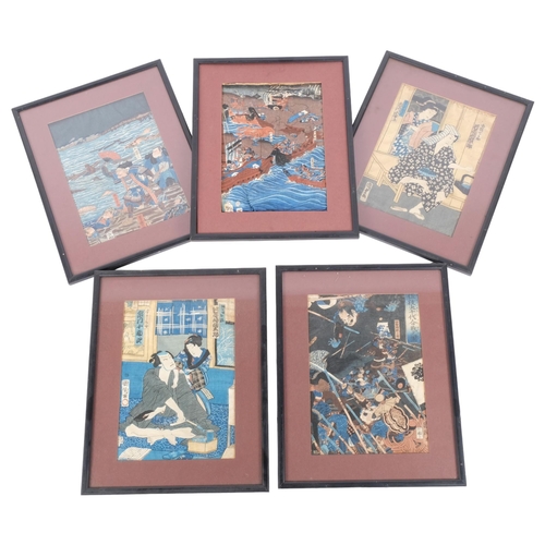 208 - A group of 5 Japanese watercolours on silk, depicting battle and genre scenes, 31cm x 25cm overall, ... 