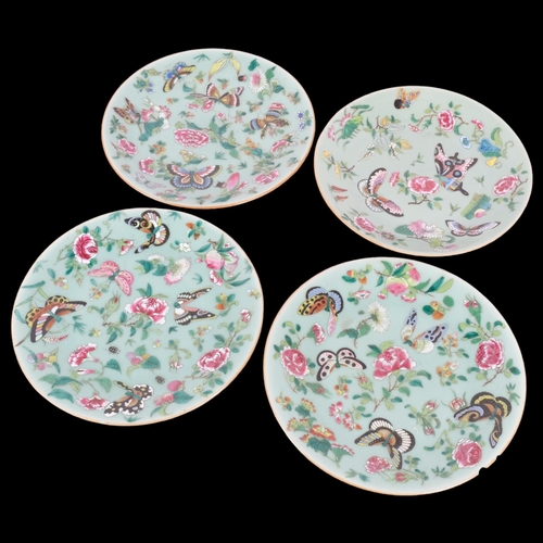 212 - A group of 4 Chinese celadon plates, hand painted butterfly decoration, diameter 26cm