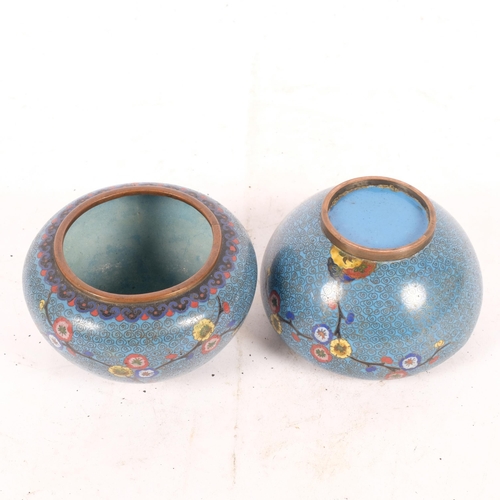 223 - A pair of blue ground cloisonne pots, H7.5cm