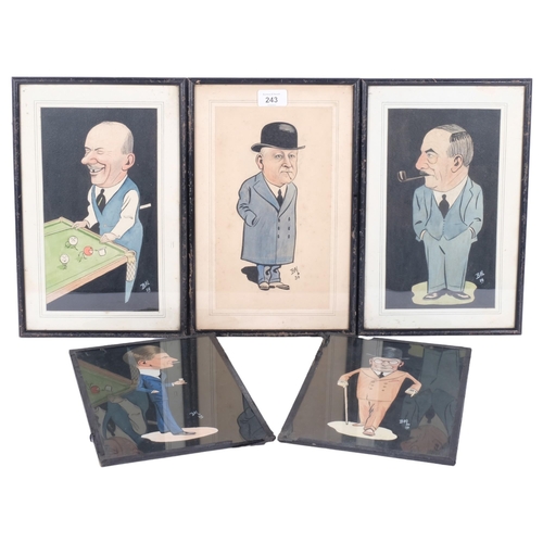 243 - Bac, a set of 5 x 1930s caricatures in watercolour