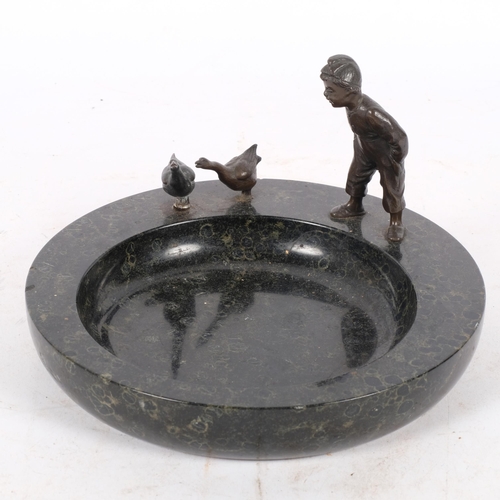 249 - A 20th century marble bowl surmounted by bronze boy and geese, diameter 21cm