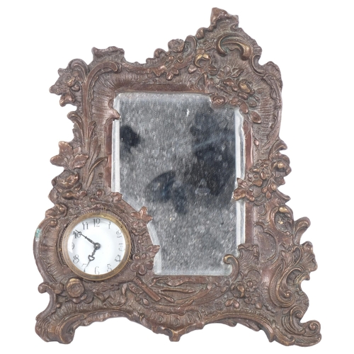 251 - An Art Nouveau style bronze strut mirror, with integrated clock, H23cm