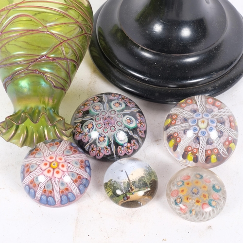 256 - A group of 4 Millefiori glass paperweights, an Art Nouveau glass lamp shade, and an oil lamp base wi... 