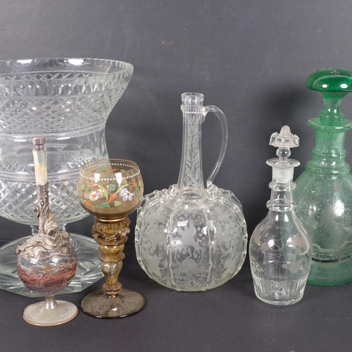 261 - A large cut-glass table bowl, H25.5cm, a green bubble glass decanter and stopper with etched galleon... 