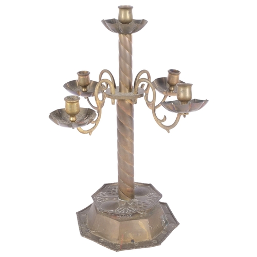 266 - An Arts and Crafts brass 4-branch table candelabra, H43cm