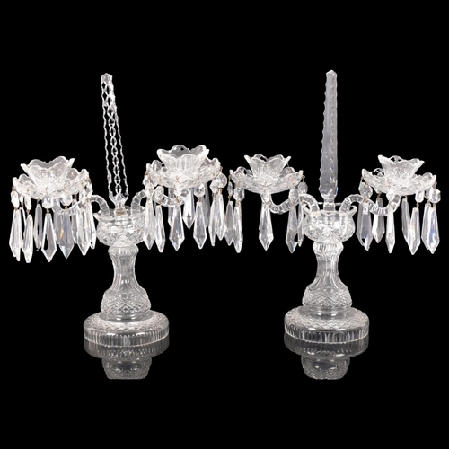 269 - A pair of cut-glass 2-branch table candelabras, with lustre drops, H44cm