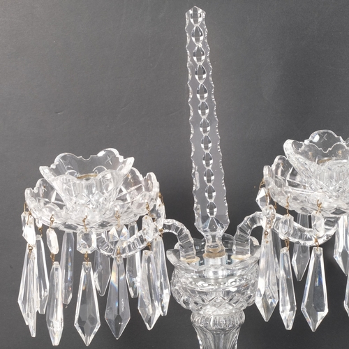 269 - A pair of cut-glass 2-branch table candelabras, with lustre drops, H44cm