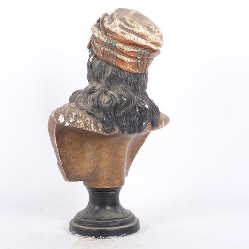 275 - A Victorian painted plaster bust, figure in a tasselled hat, H44cm