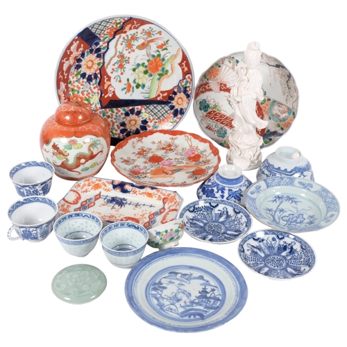 288 - A group of miscellaneous Oriental rice cups, plates, dishes, blanc de chine figure, etc (boxful)