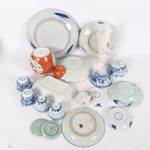 288 - A group of miscellaneous Oriental rice cups, plates, dishes, blanc de chine figure, etc (boxful)