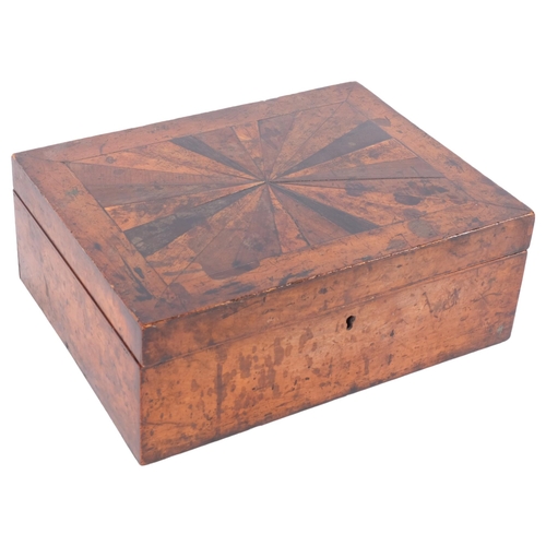 291 - An Antique specimen wood travelling jewellery box, no inserts, no key, 31cm x 12cm x 24cm