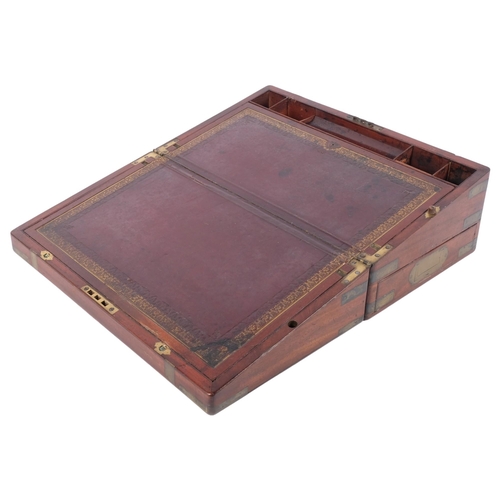 292 - Ab Antique mahogany and brass-banded writing slope, with original leather tray, missing inkwells, no... 