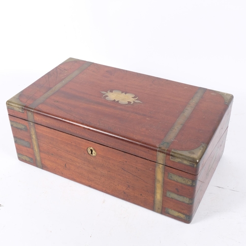 292 - Ab Antique mahogany and brass-banded writing slope, with original leather tray, missing inkwells, no... 