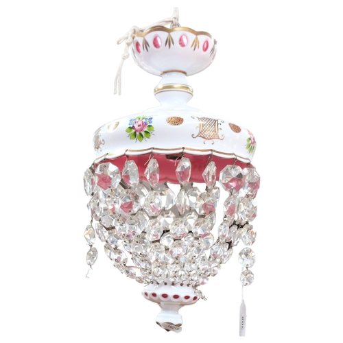 308 - An Antique white overlay cranberry glass basket light fitting, with glass lustre drops and painted f... 