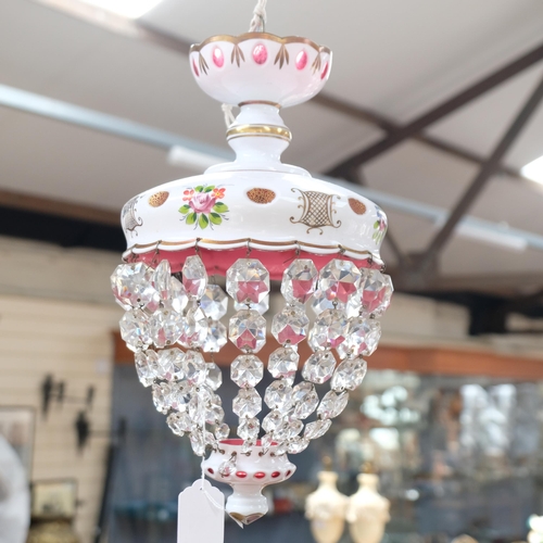 308 - An Antique white overlay cranberry glass basket light fitting, with glass lustre drops and painted f... 