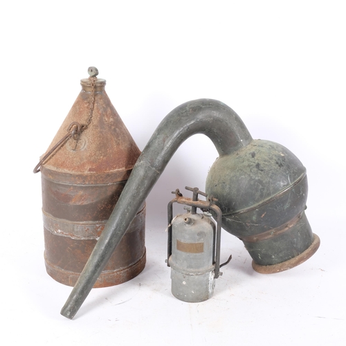 319 - An Antique French paraffin container, stamped SCNF, height approx 45cm, and an Antique French miner'... 