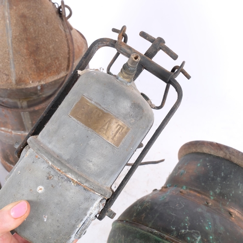 319 - An Antique French paraffin container, stamped SCNF, height approx 45cm, and an Antique French miner'... 