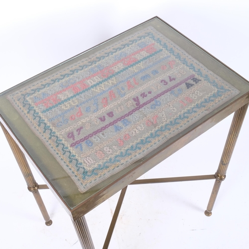 326 - A solid brass occasional table, with Corinthian column style legs, with glass top, encased in glass ... 