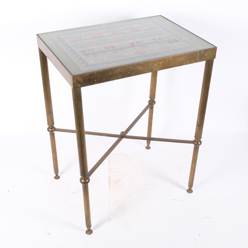 326 - A solid brass occasional table, with Corinthian column style legs, with glass top, encased in glass ... 