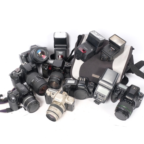 332 - A quantity of Vintage cameras and equipment, including a Pentax K-7, a Pentax MZ-50, a Canon EOS600 ... 