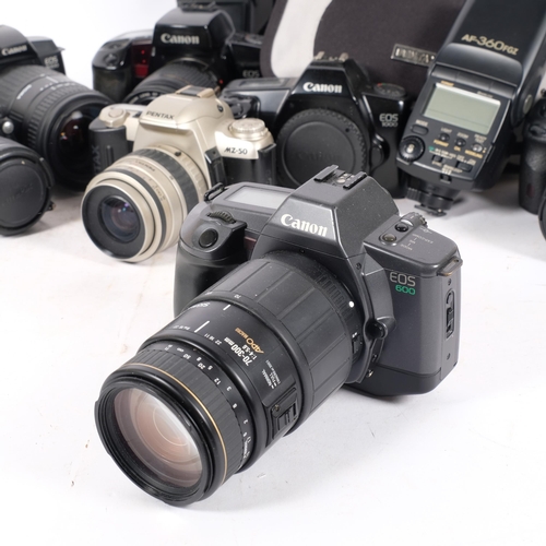 332 - A quantity of Vintage cameras and equipment, including a Pentax K-7, a Pentax MZ-50, a Canon EOS600 ... 