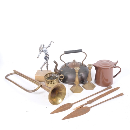 338 - Copper kettle and jug, trombone, spears, etc