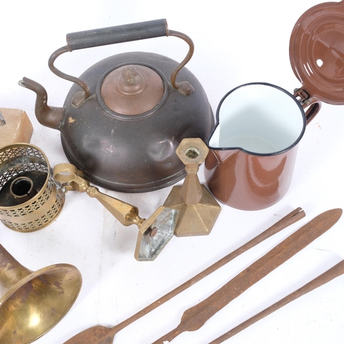 338 - Copper kettle and jug, trombone, spears, etc