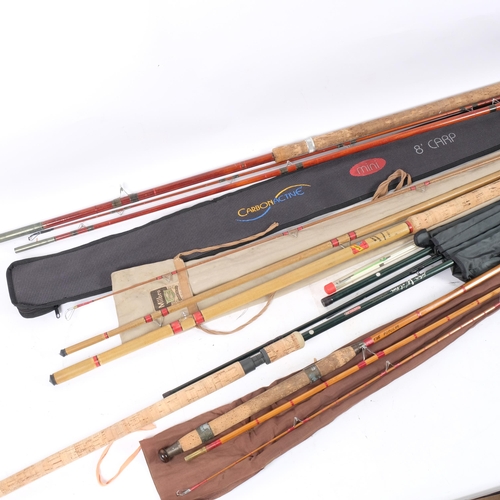 360 - A quantity of various split cane and carbon fibre fishing rods, various brands including Milbro, Edg... 