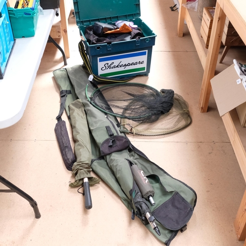 361 - A quantity of fishing equipment and accessories, including a large tackle box, various wet weather g... 