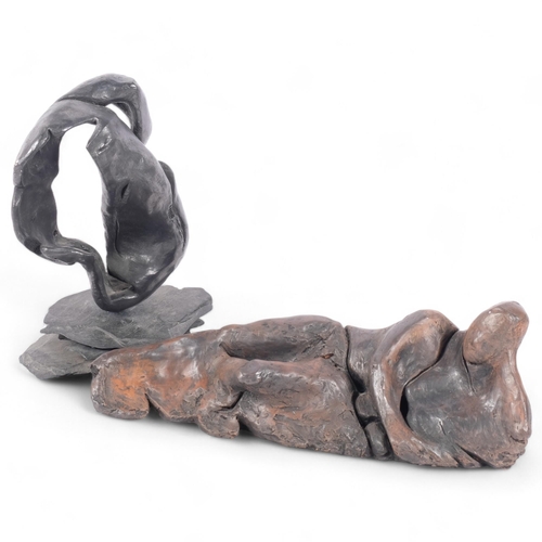 378 - A modern contemporary terracotta sculpture of a figure laying down posing, unsigned, L39cm, and a se... 