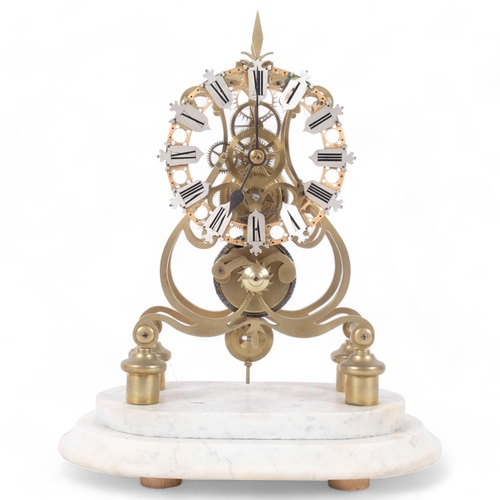 390 - A brass skeleton clock on stepped marble plinth, H34cm