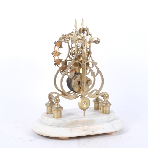 390 - A brass skeleton clock on stepped marble plinth, H34cm