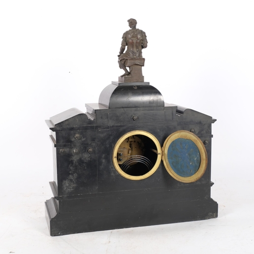 391 - An architectural design black slate-cased mantel clock, with Corinthian columns surmounted by a figu... 