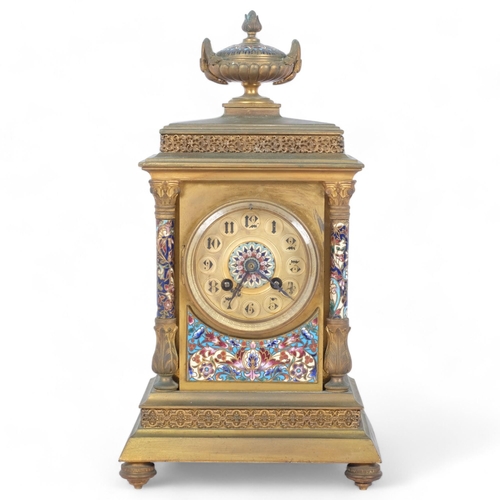 393 - Ornate Continental brass 2-train mantel clock, with enamelled panels and columns, H34cm