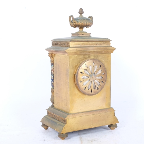 393 - Ornate Continental brass 2-train mantel clock, with enamelled panels and columns, H34cm