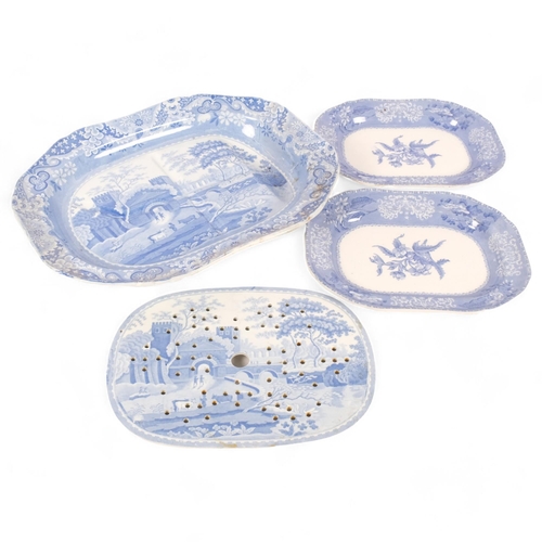 398 - Victorian Spode blue and white printed meat dish with drainer well, 47cm, matching drainer, and 2 Sp... 