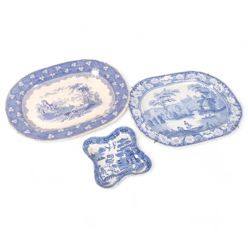 399 - A Victorian blue and white printed meat dish with drainer well, 49cm, a Wild Rose pattern meat dish,... 