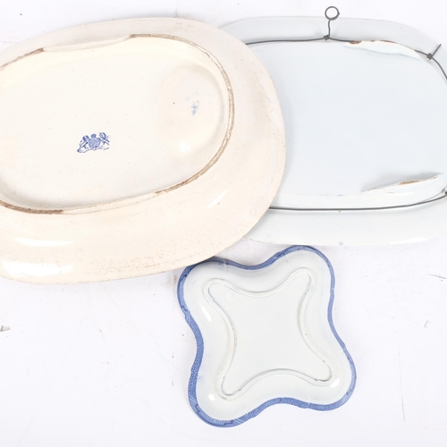 399 - A Victorian blue and white printed meat dish with drainer well, 49cm, a Wild Rose pattern meat dish,... 