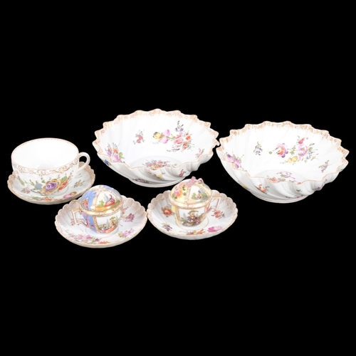 401 - A Dresden cup and 3 saucers, pair of Dresden bowls, 18cm, and 2 miniature Meissen cups and covers (k... 