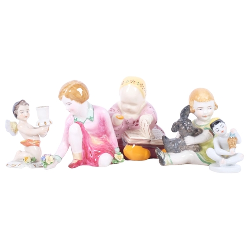 403 - A quimper figure, a Crown Staffordshire kneeling child, a German child with dog, and another, and a ... 