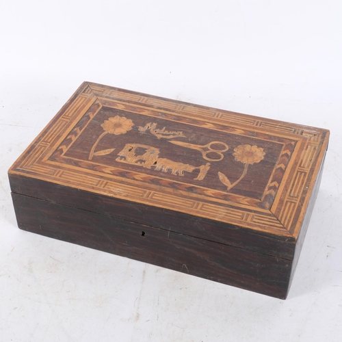 408 - Antique marquetry-work sewing box with fitted interior, 36cm across