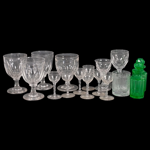 415 - A pair of green cut-glass scent bottles and stoppers, 12.5cm, 4 similar cut-glass goblets, liqueur g... 