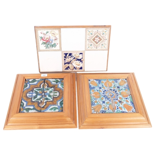 419 - A pine panel set with 6 Staffordshire tiles, 48cm, a pine-framed set of 4 Antique tiles with design ... 