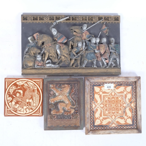 420 - A painted plaster 3-D panel depicting Henry III and Henry De Montfort, L40cm, a Minton's tile depict... 