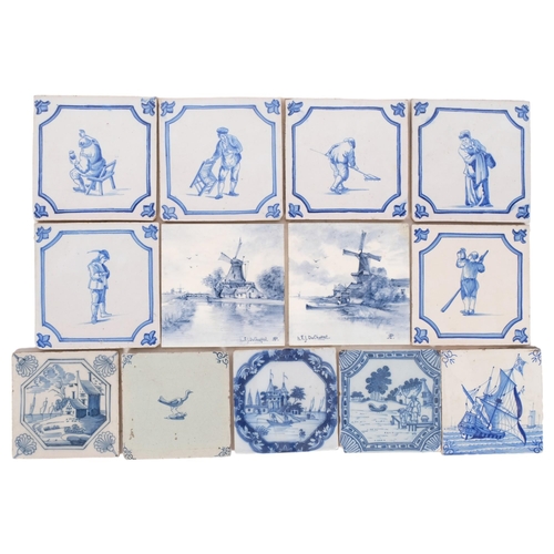 423 - A set of 6 blue and white Delft tiles with figure designs, 15cm, a pair of Delft tiles painted with ... 